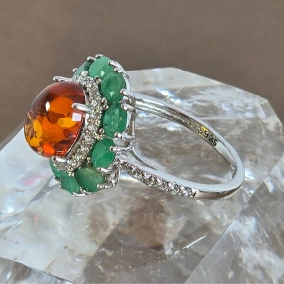 925 Sterling Silver Ring with Natural Amber & Emerald Gemstones - Picture 13 of 15